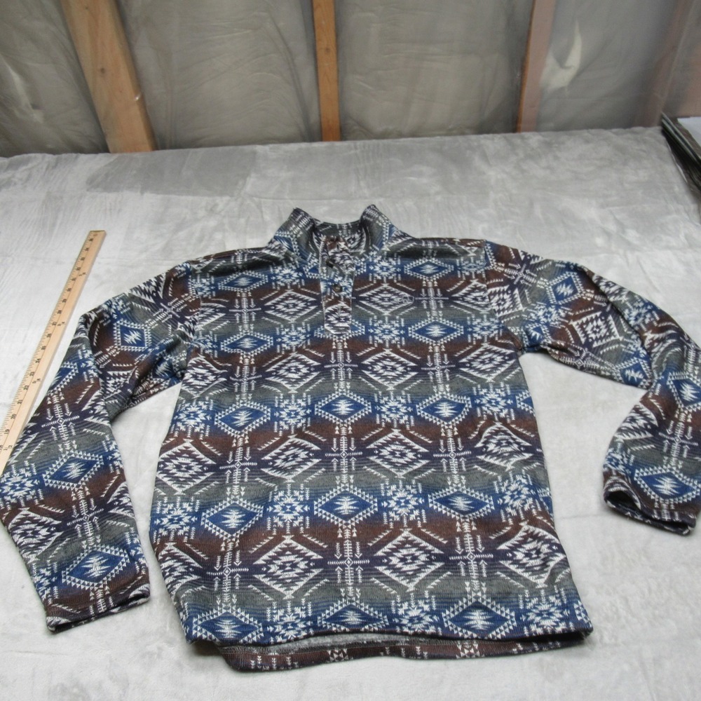 Ariat‎ Aztec Sweater Mens Small Blue Jetty Gray Southwestern Fleece 1/4 Button